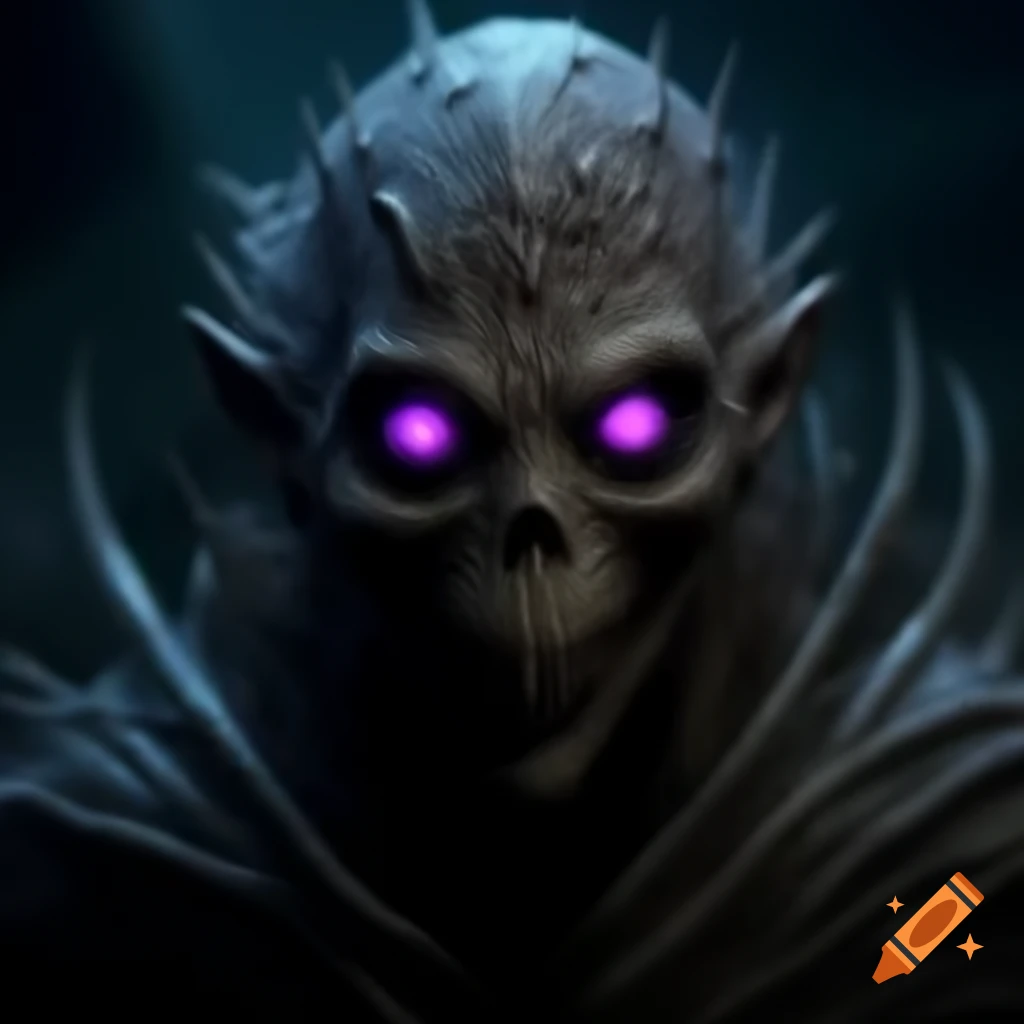 Creepy entity with glowing purple eyes in darkness