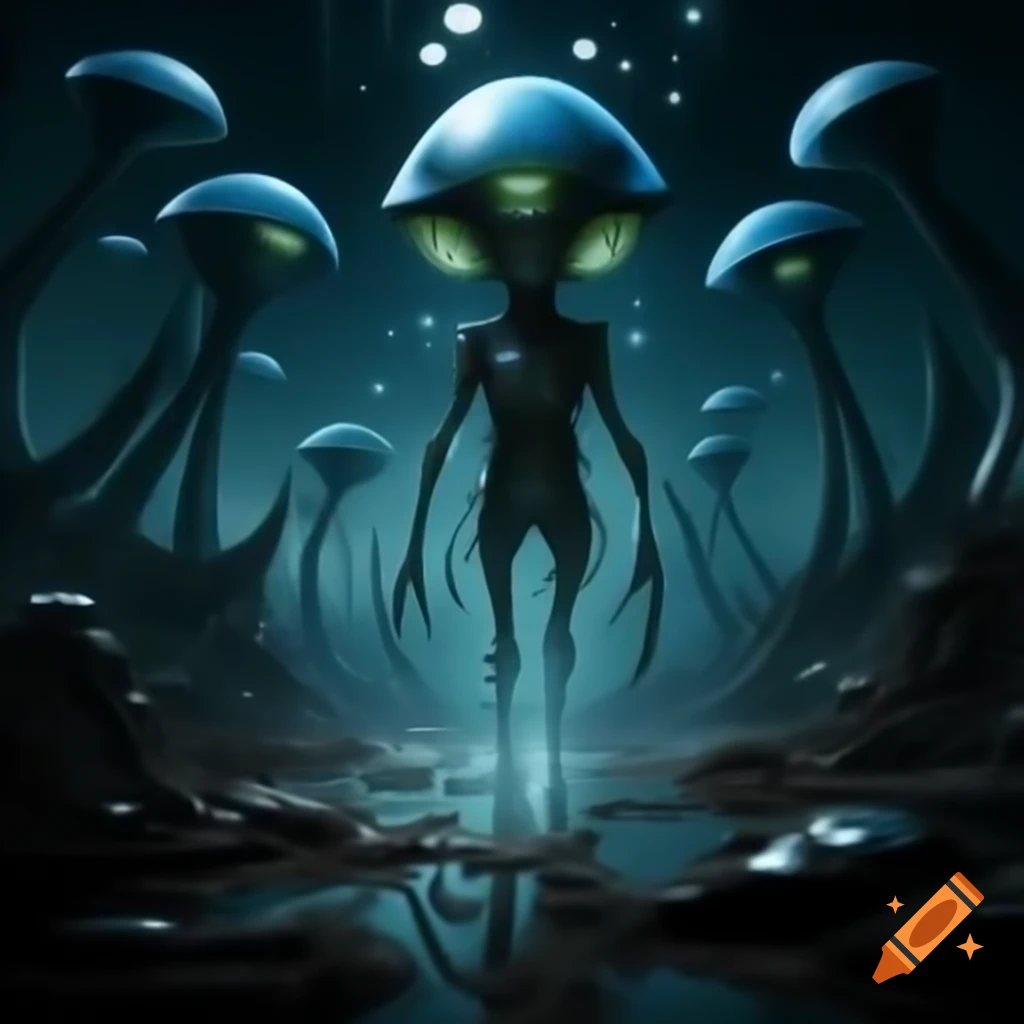 Otherworldly alien colony landscape in deep blue and black shades