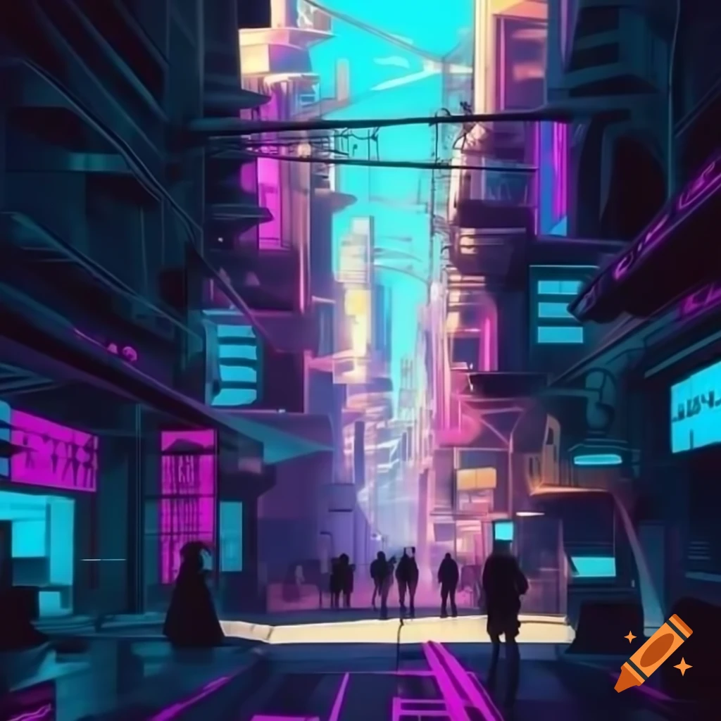 Bustling cyberpunk street in pastel colors with geometric buildings