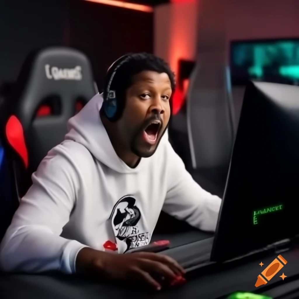 Denzel Washington in gaming setup, wearing white hoodie, showing shocked and disgusted expression