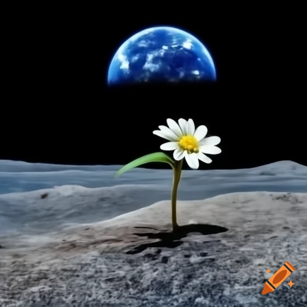 Sprout blooming on moon surface with Earth and universe background
