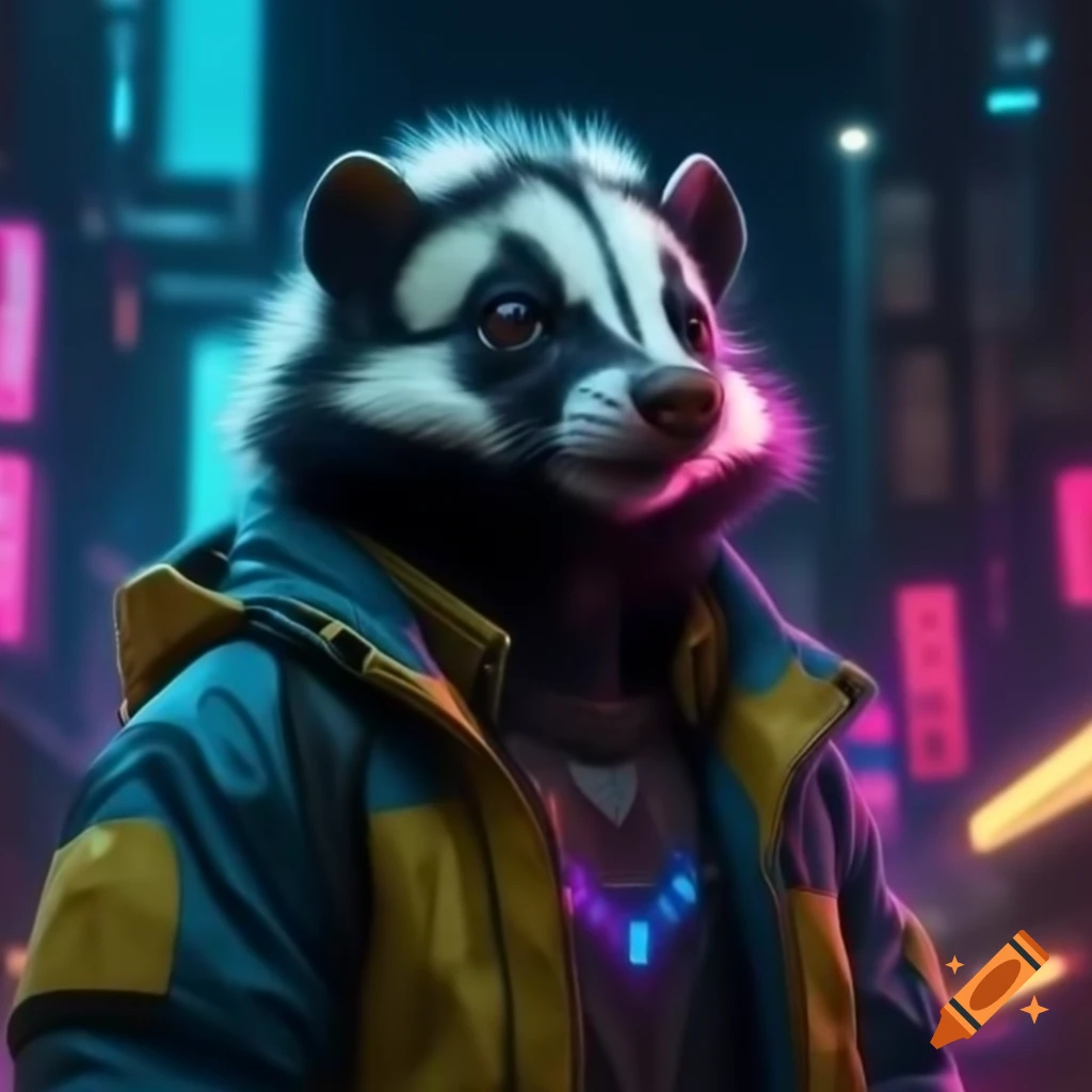 Skunk in futuristic jacket with LEDs in neon dystopian cityscape