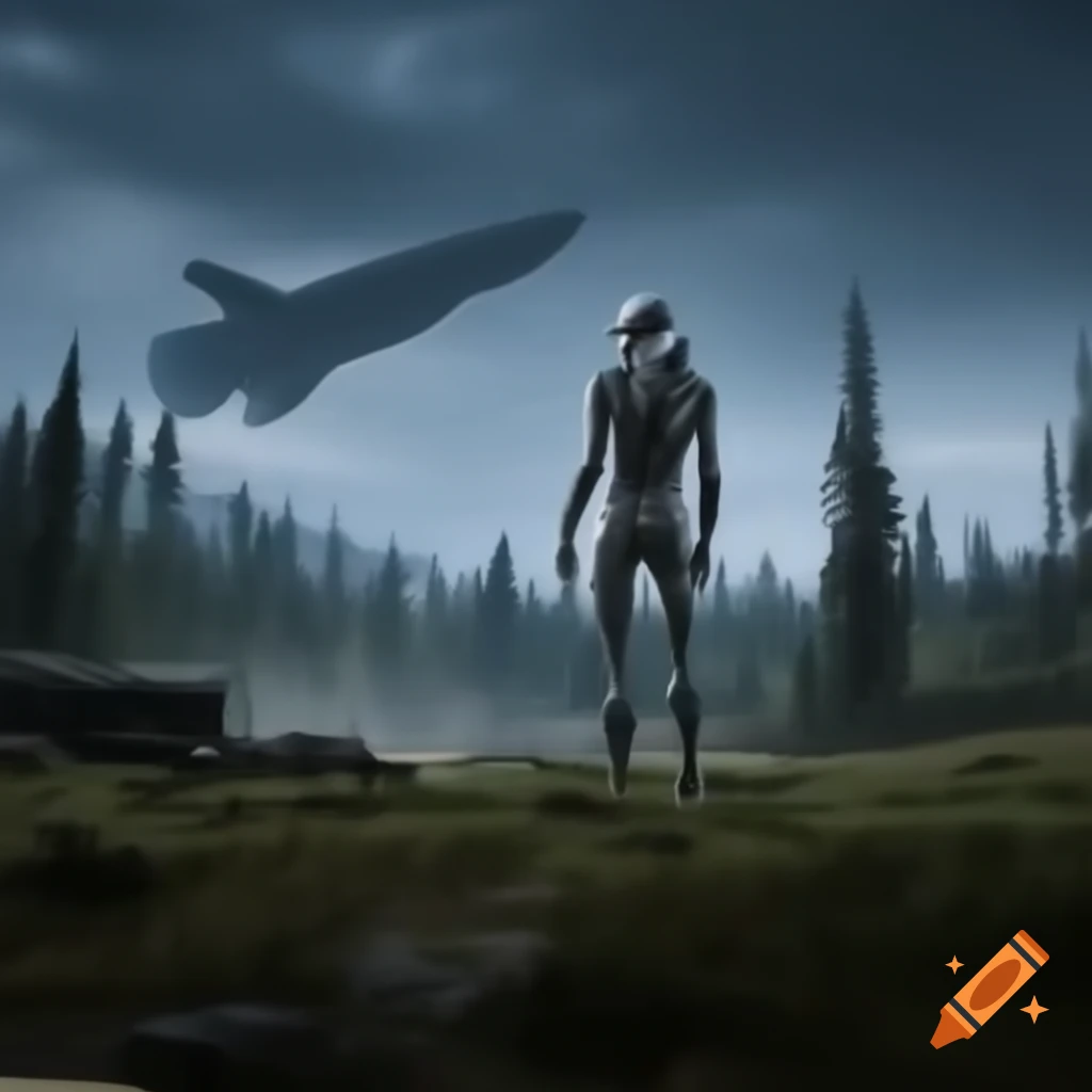 Wooded landscape with alien humanoid soldier next to futuristic rocket