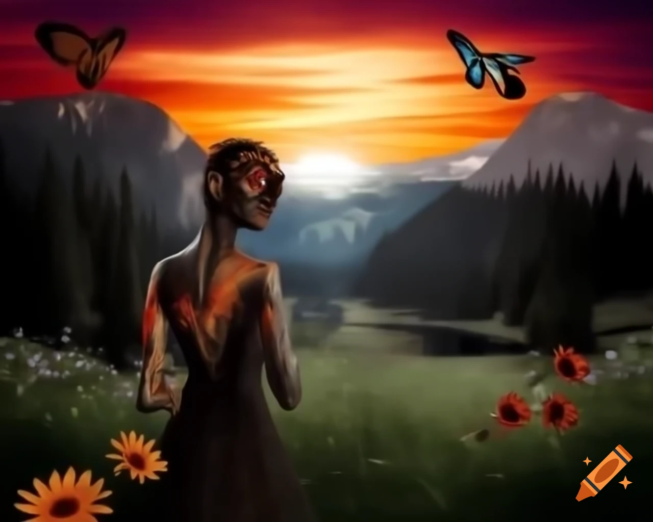 Surreal and lifelike woman's face surrounded by ancient trees and wildflowers