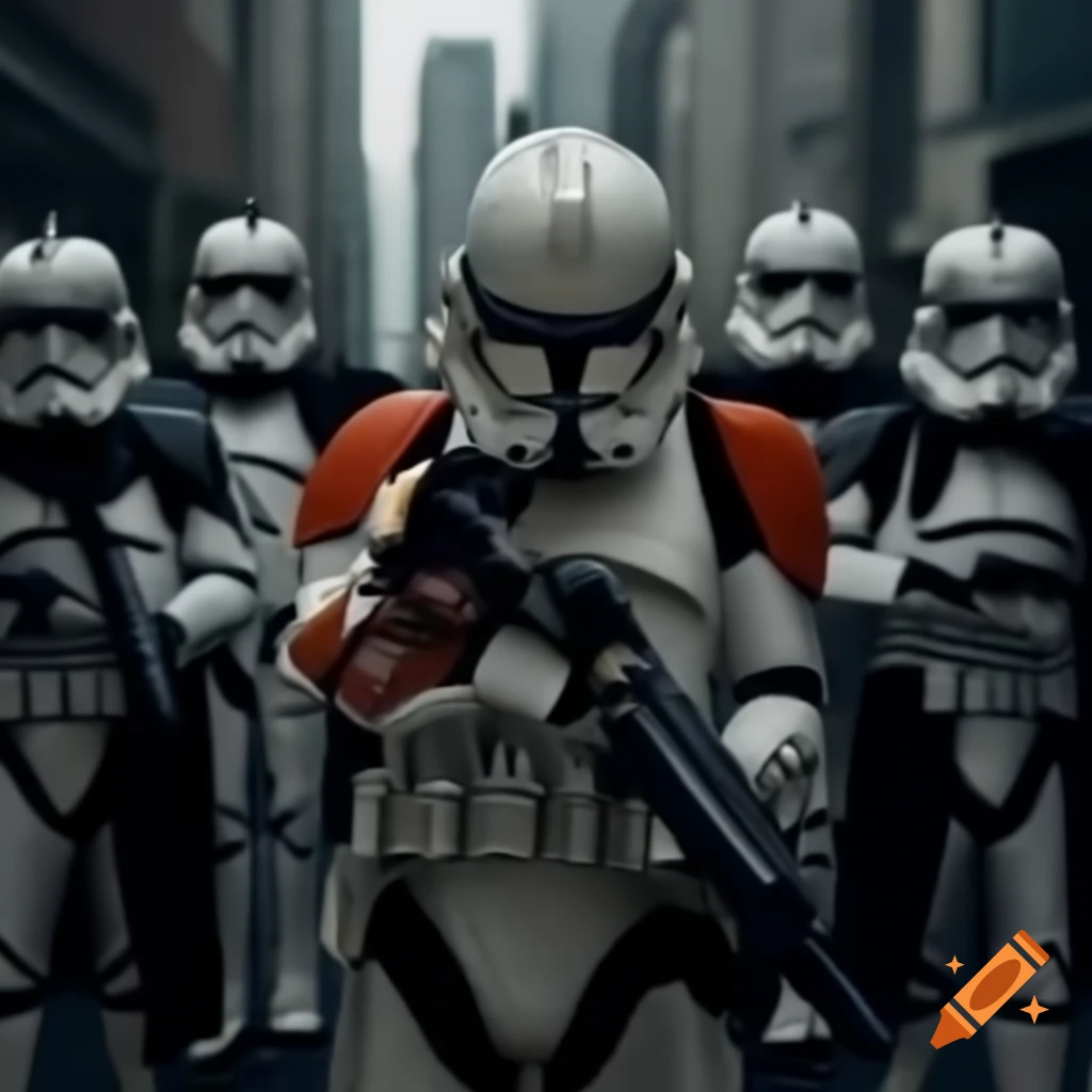 Stormtrooper holding Rubik's cube with fellow troopers in city street