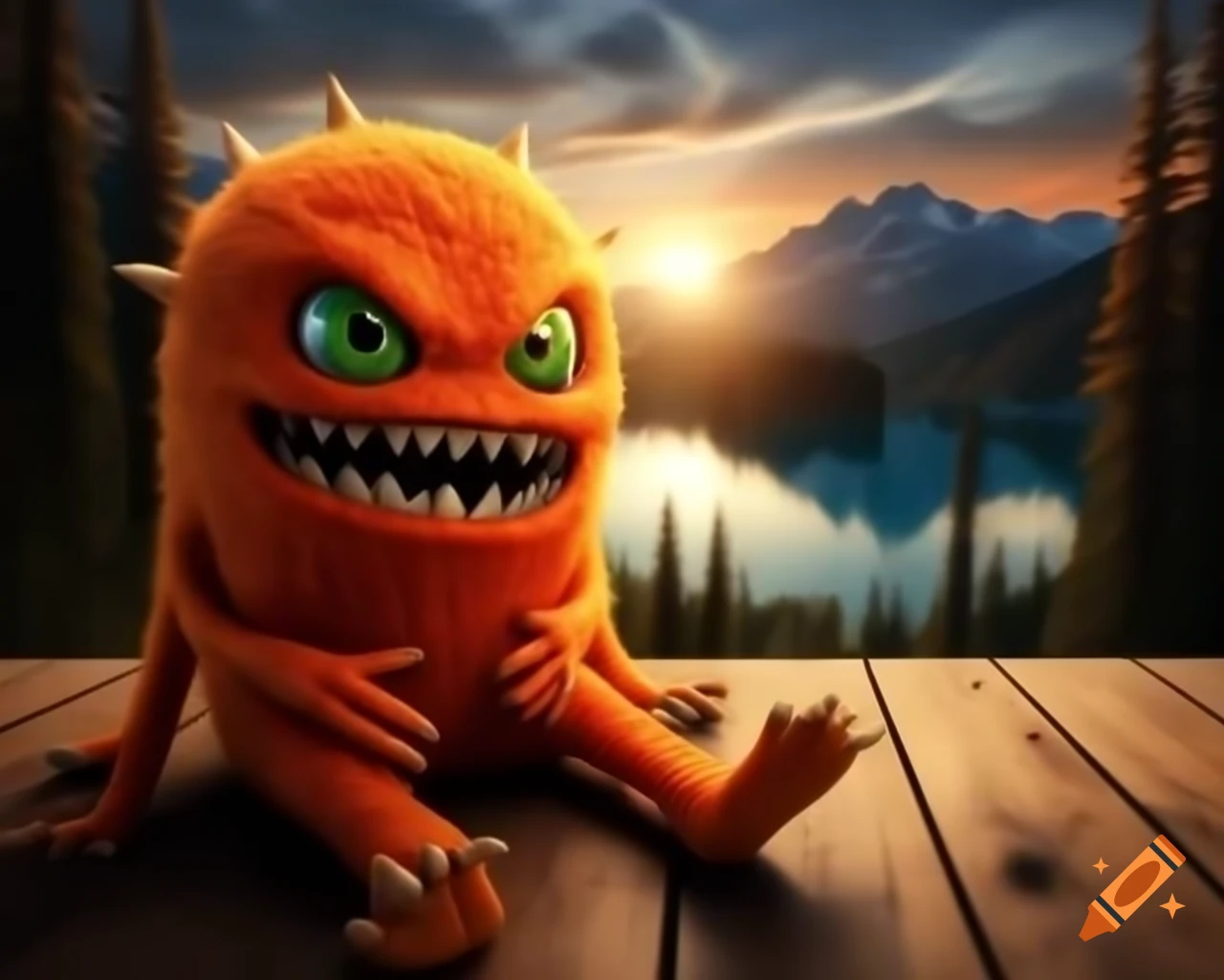 Photorealistic orange monster with human face sitting on wooden table in forest