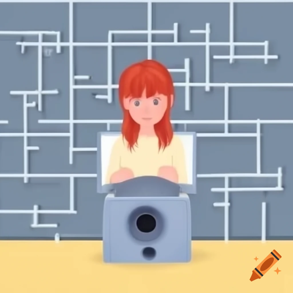 Red haired girl exploring concrete basement labyrinth via security camera