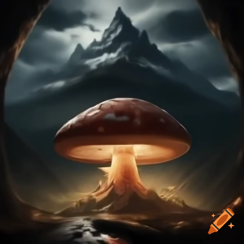 Majestic mountain casting shadow over giant otherworldly mushroom