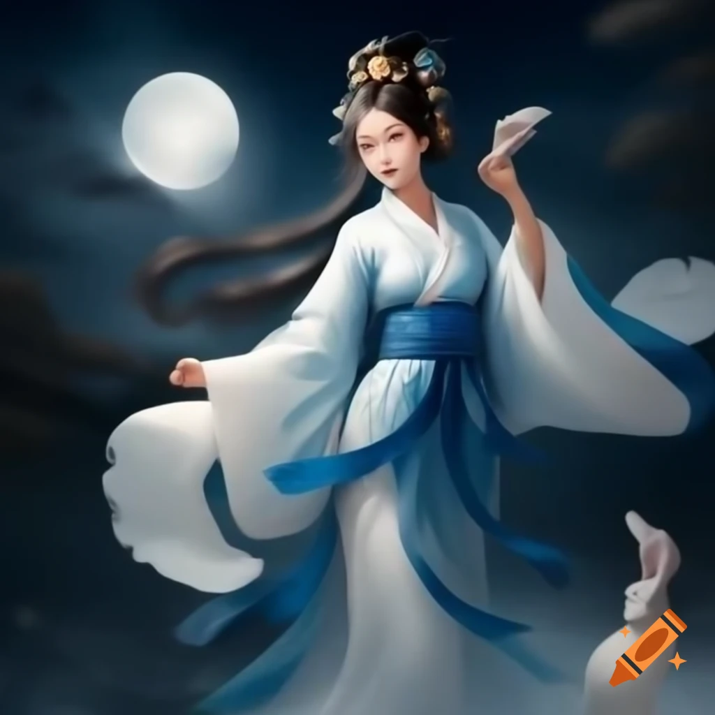 Lady in traditional Tang dynasty gown flying to the full moon with rabbit pet for Mid-autumn Festival