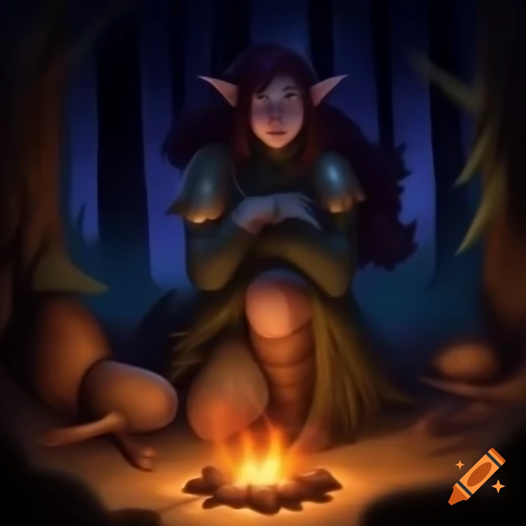 Druid woman sitting by campfire in forest at night, fantasy oil painting