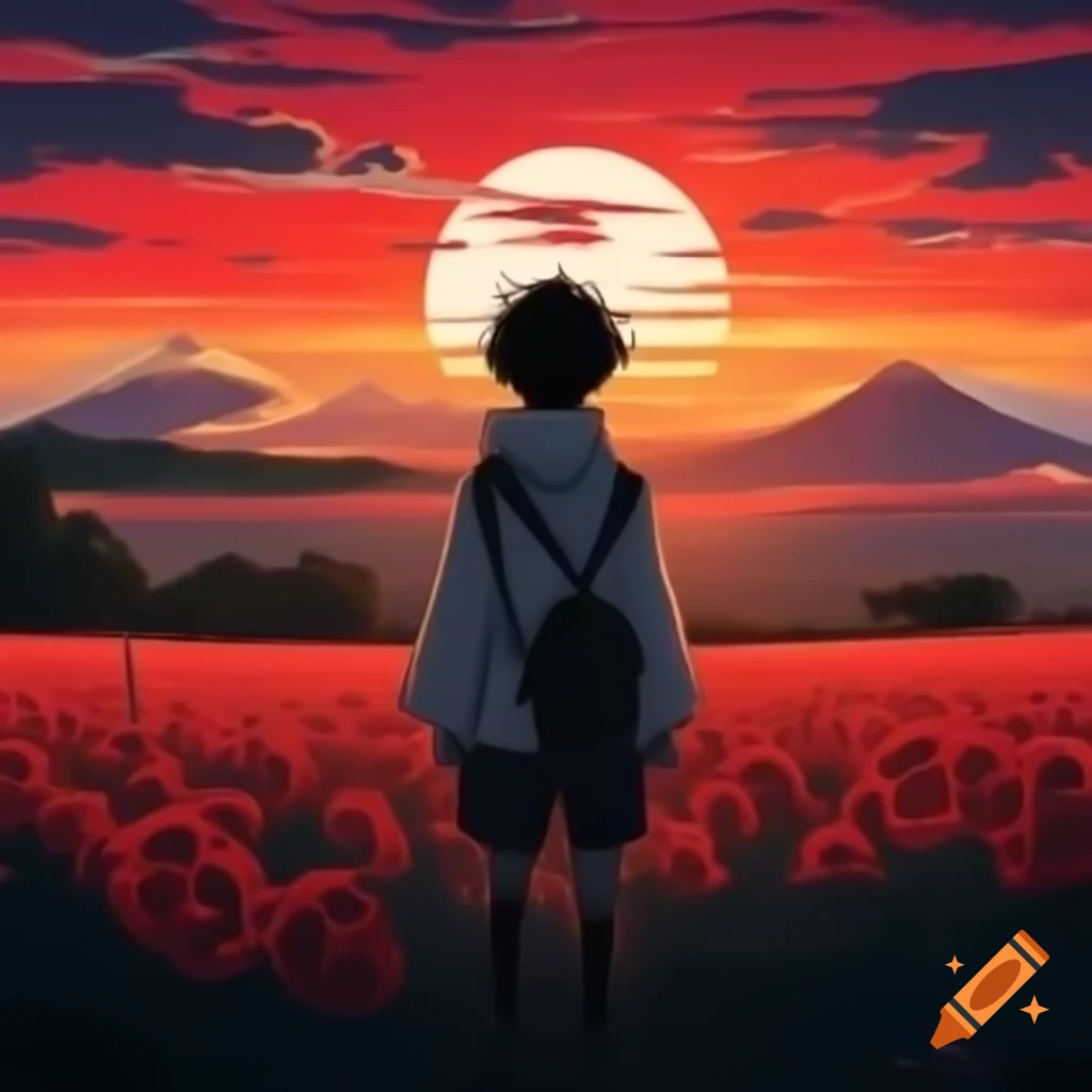 Anime style sunset in Japan with azure sea