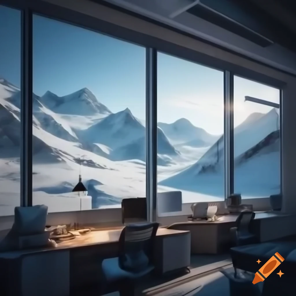 Cozy office with giant windows overlooking snowy ski slopes and mountains