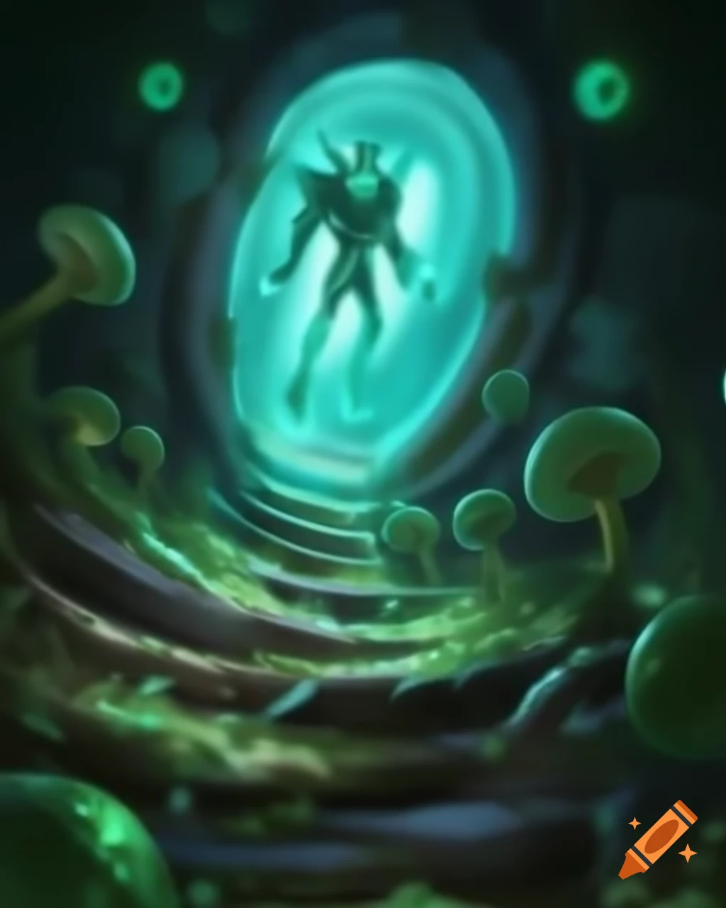 Robotic knight with glowing blue eyes stepping through emerald portal in enchanted forest