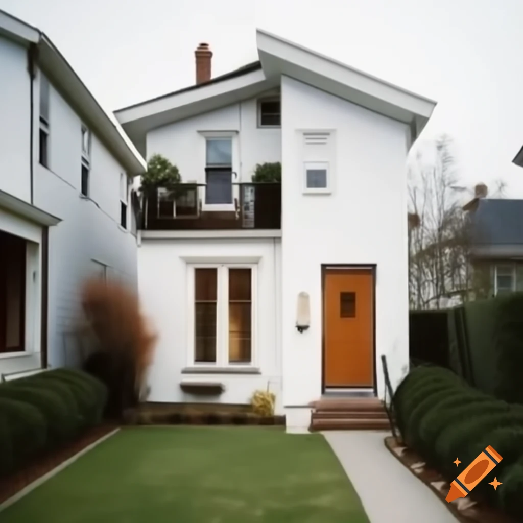 Realistic double-story house with balcony, small bushes, and pathway to front door