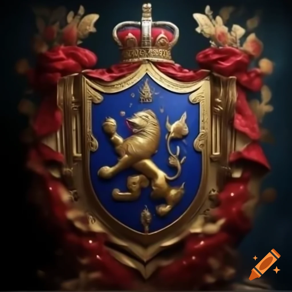 Royal crest for Henry V featuring lion on shield with blue, gold, and red paint