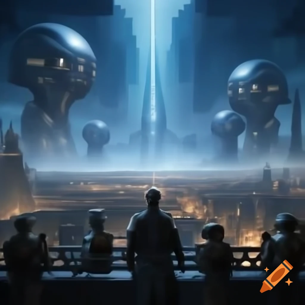 Futuristic metropolis with luminescent structures piercing the sky