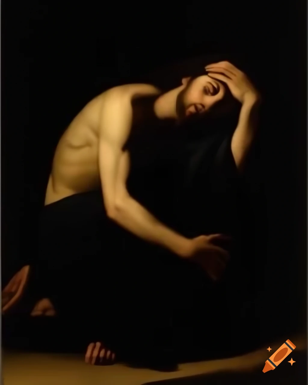 Painting of a young man in darkness expressing emotional anguish and seeking help