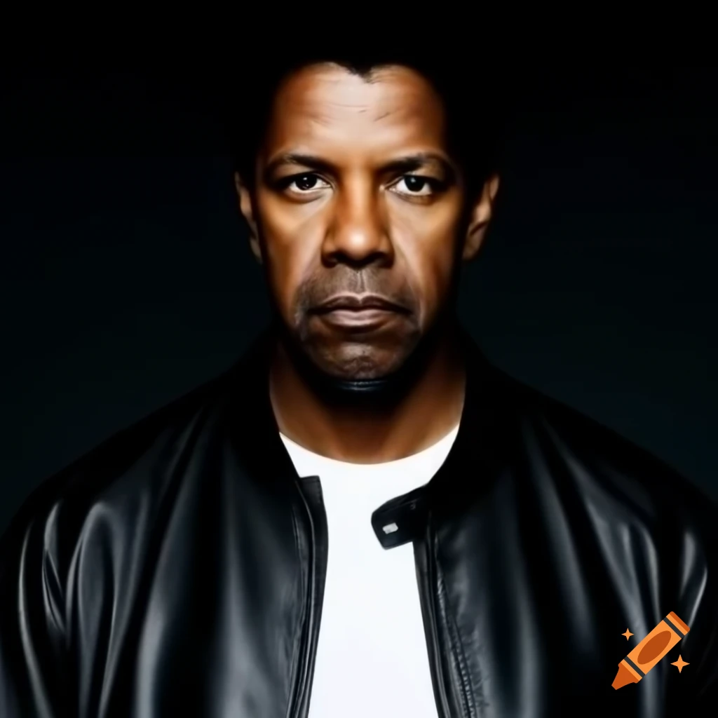 Denzel Washington in black leather jacket and white t-shirt