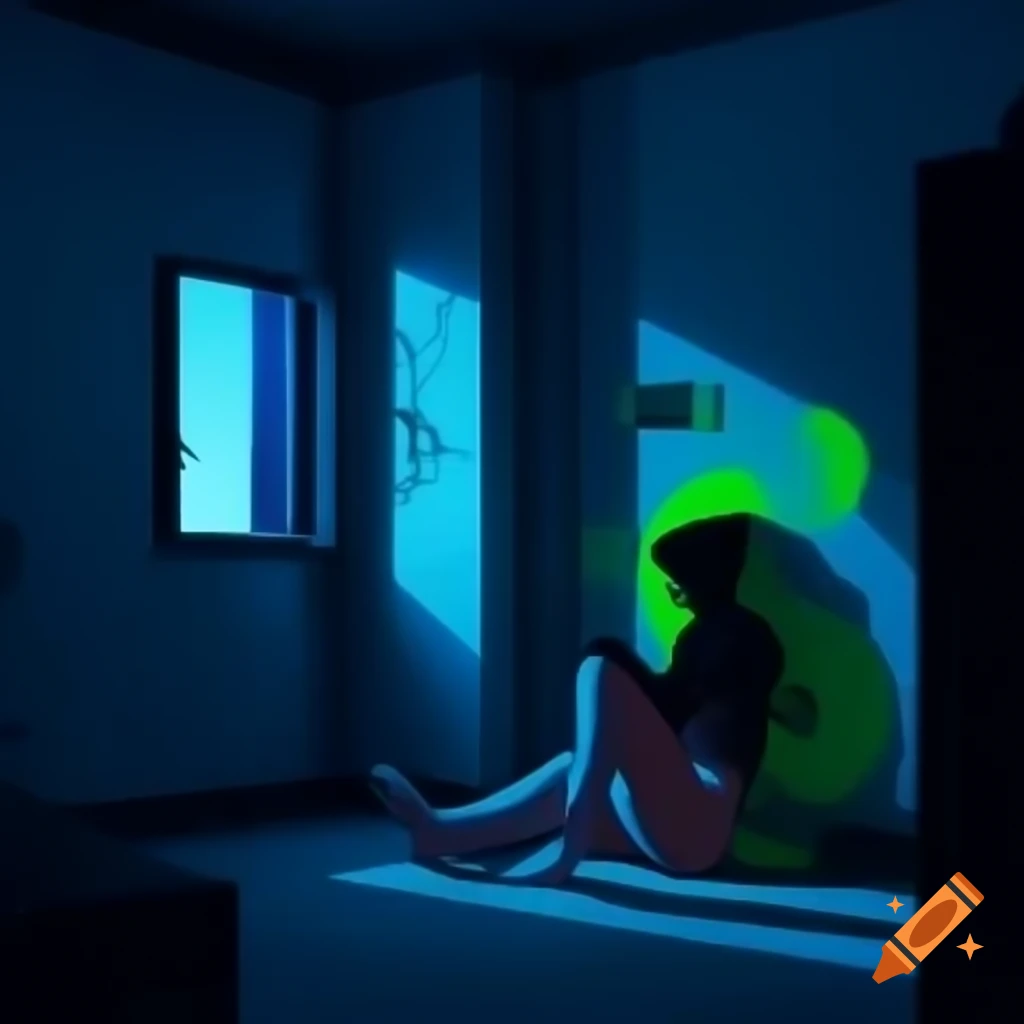 Silhouetted figure in cyberpunk apartment with neon blue and green lights