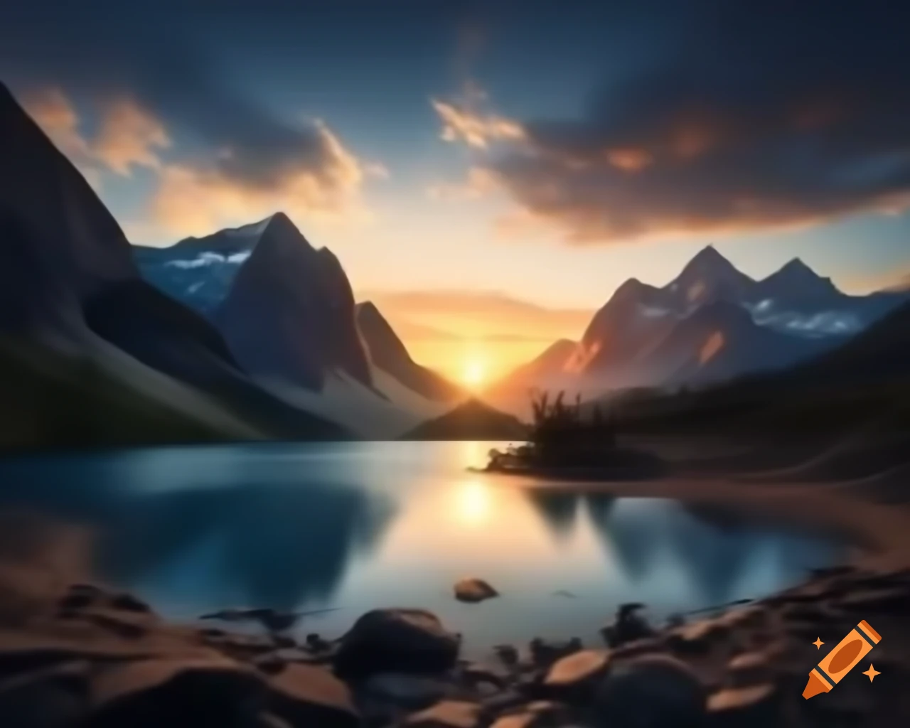 Photorealistic 3D render of mountain lake at sunset with sun rays and island