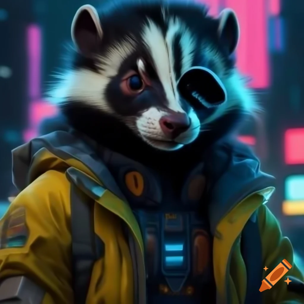 Skunk in high-tech jacket with LEDs in a neon dystopian city with 1980s aesthetic
