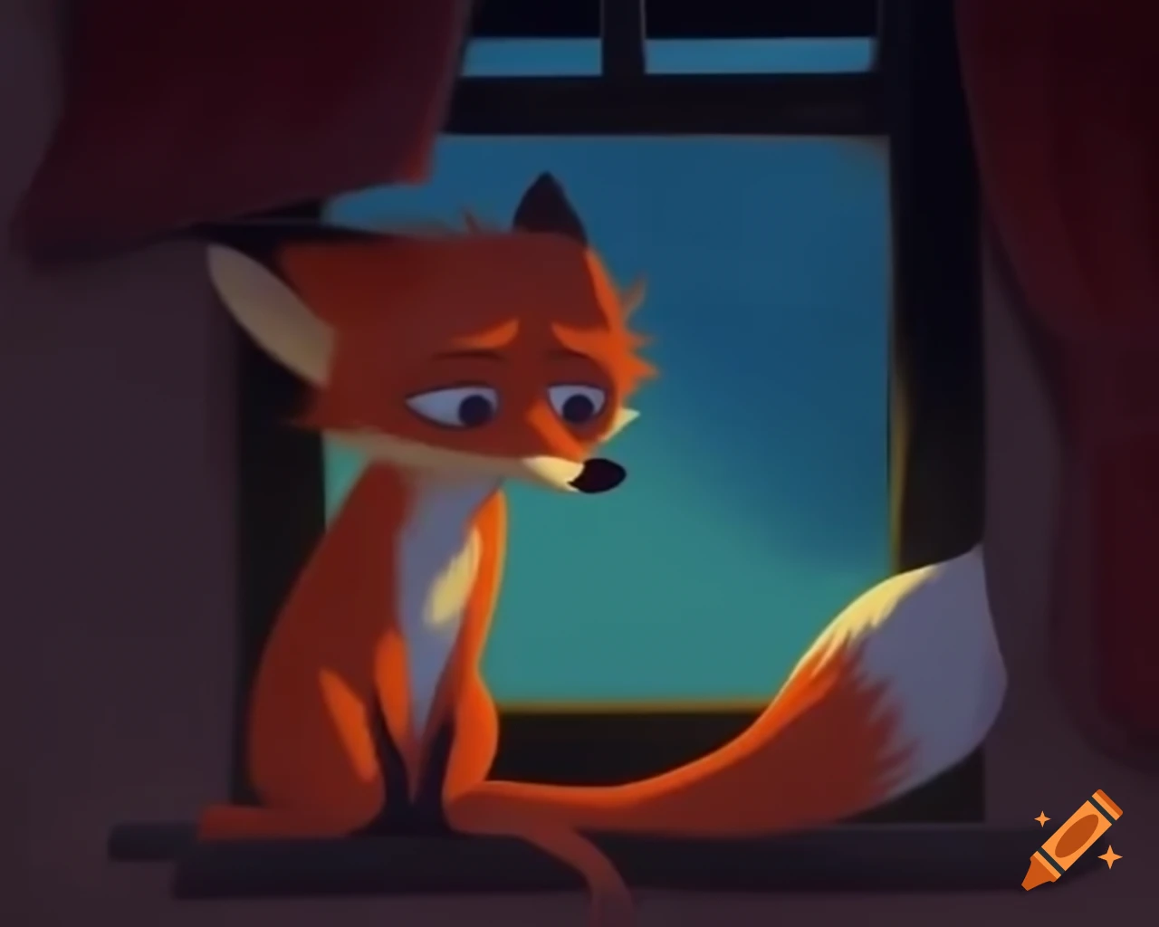 Sad anthropomorphic fox sitting by the window