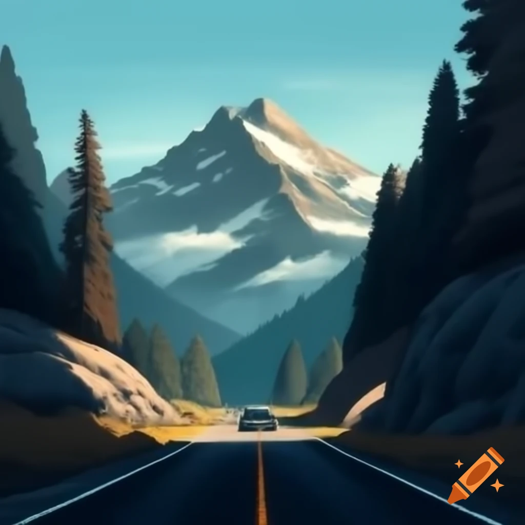 Quiet mountain road with a car driving through