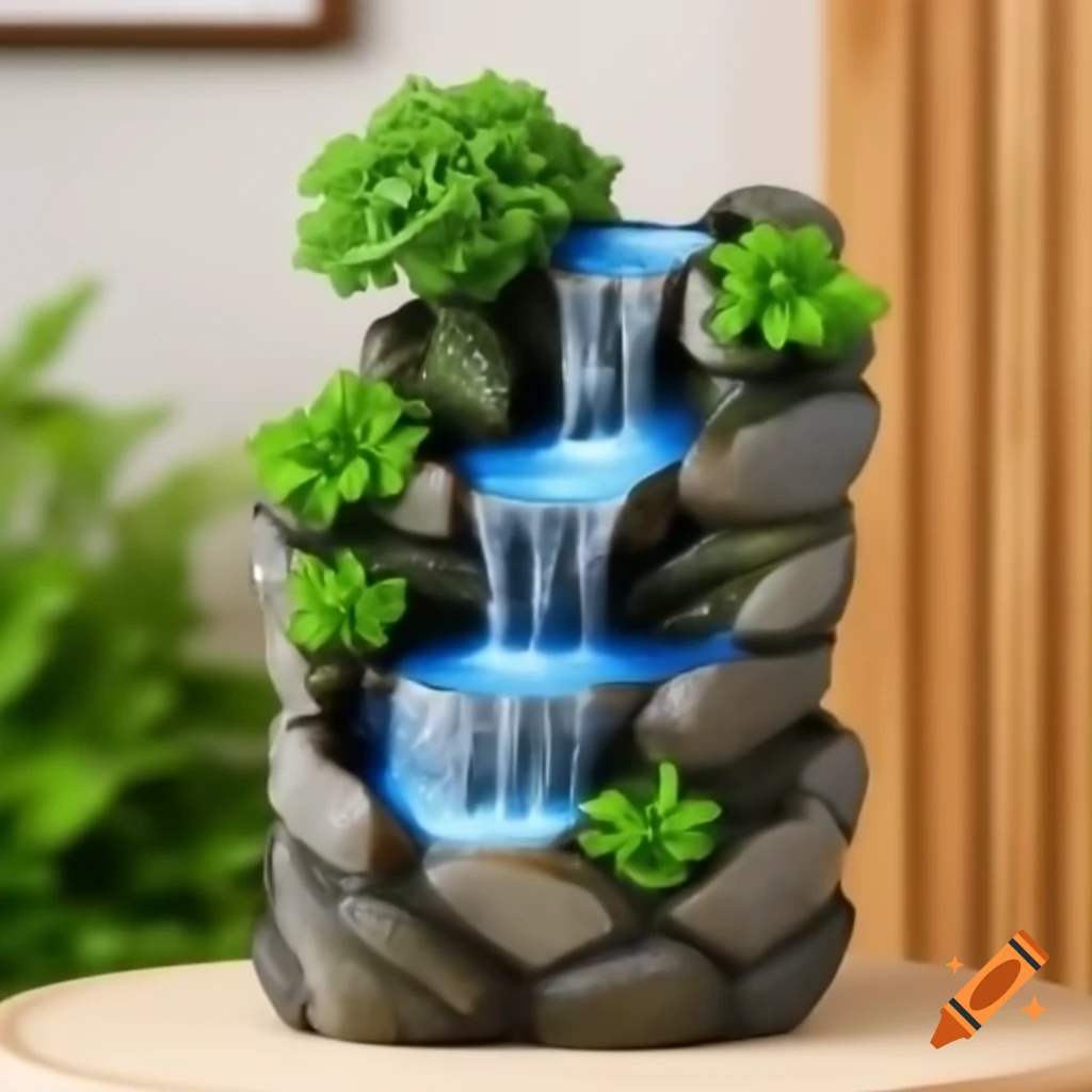 Sculpture of a waterfall surrounded by greenery