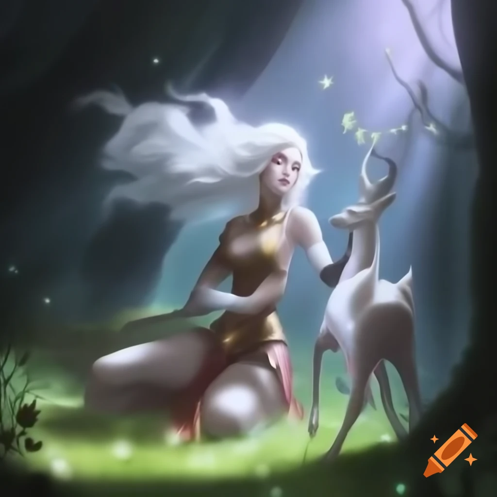 Female warrior with white hair kneeling in mystical forest with young deer