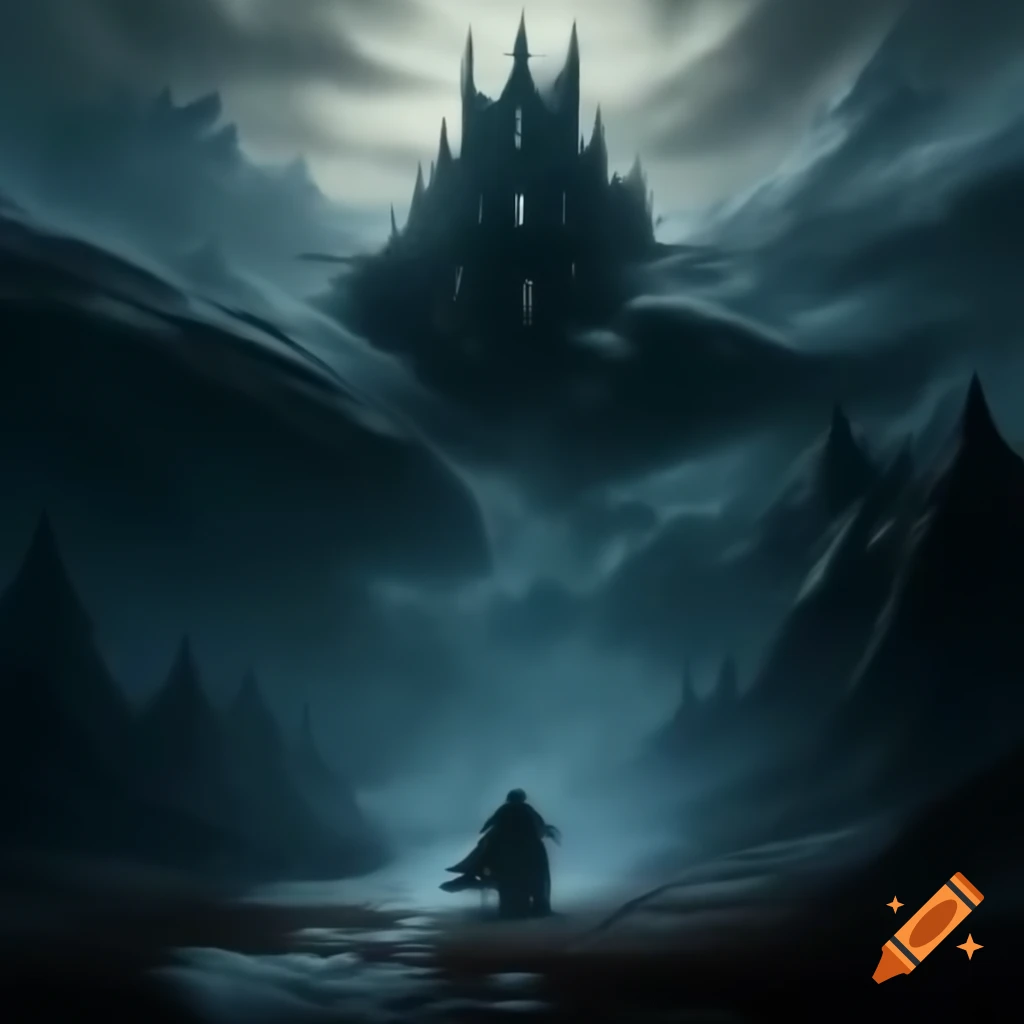 Mysterious knight exploring dark castle next to snowy mountains in dark fantasy theme