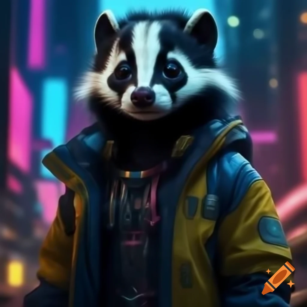 Close-up of skunk in futuristic jacket with LED lights in neon city
