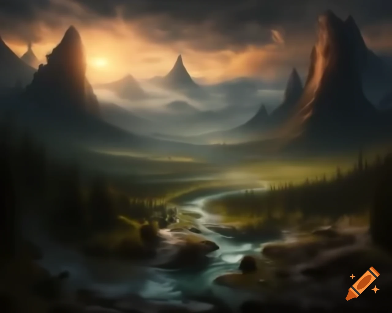Majestic mountain range towering above winding river