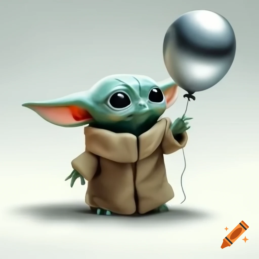 Grogu, cute alien with big eyes, playfully holding a silver balloon