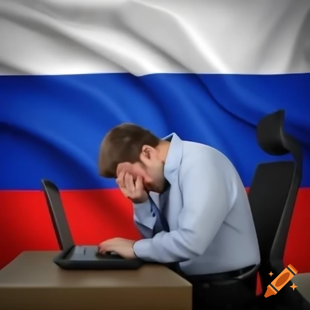 Frustrated man at computer with Russian flag in background