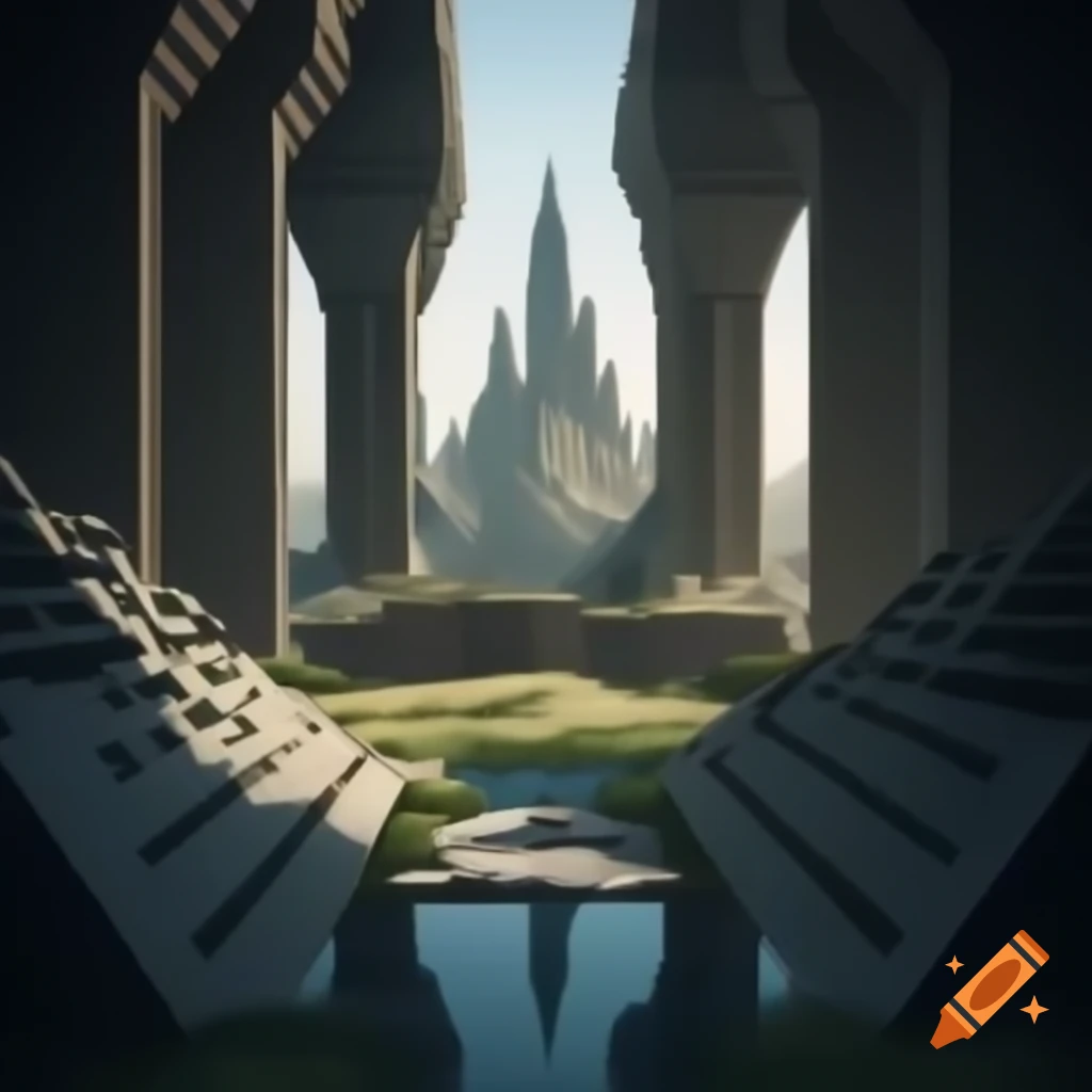 Medieval landscape blending historical elements with constructivist abstraction, low angle view