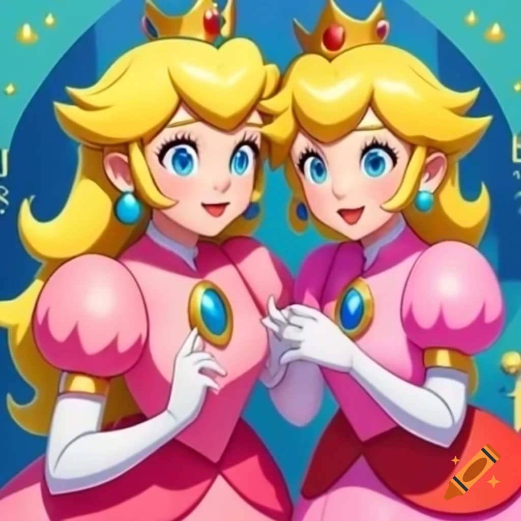 Princess Peach and Link in pink silk ballgowns, video game art
