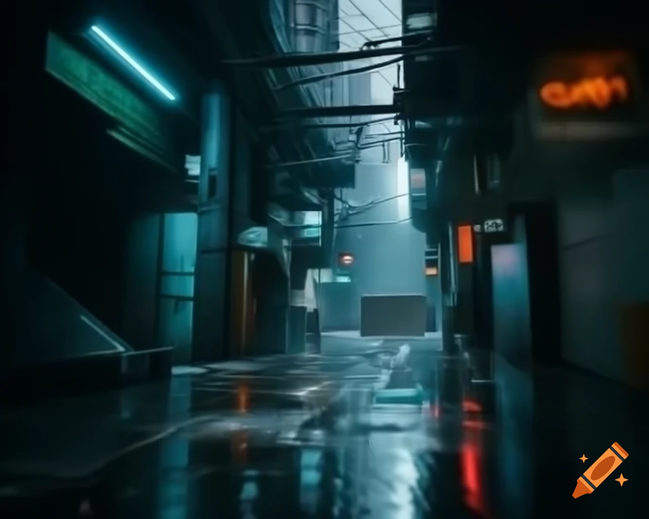 Rain-soaked Cyberpunk alleyway with neon lights reflecting on wet surfaces
