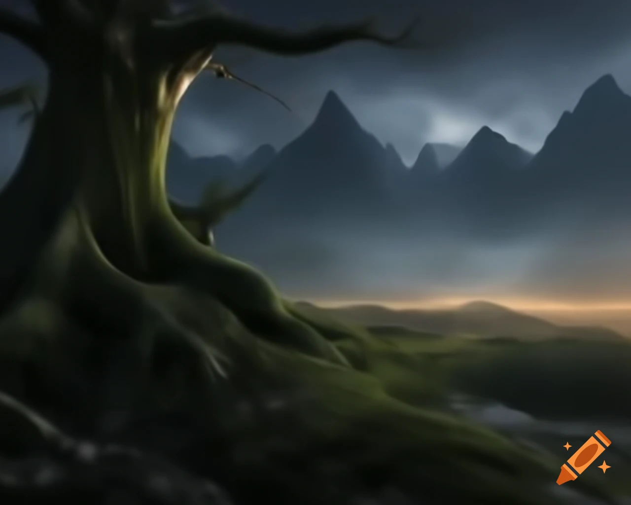 Dark fantasy tree monster in forest near mountain lake