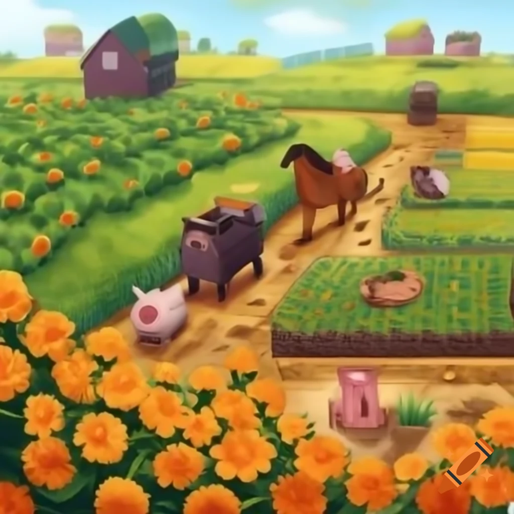 Charming farm scene with dog chasing cat, goats, horse, and pig in mud
