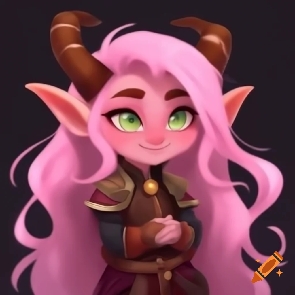 Chibi halfling female warlock with pink hair and pale skin