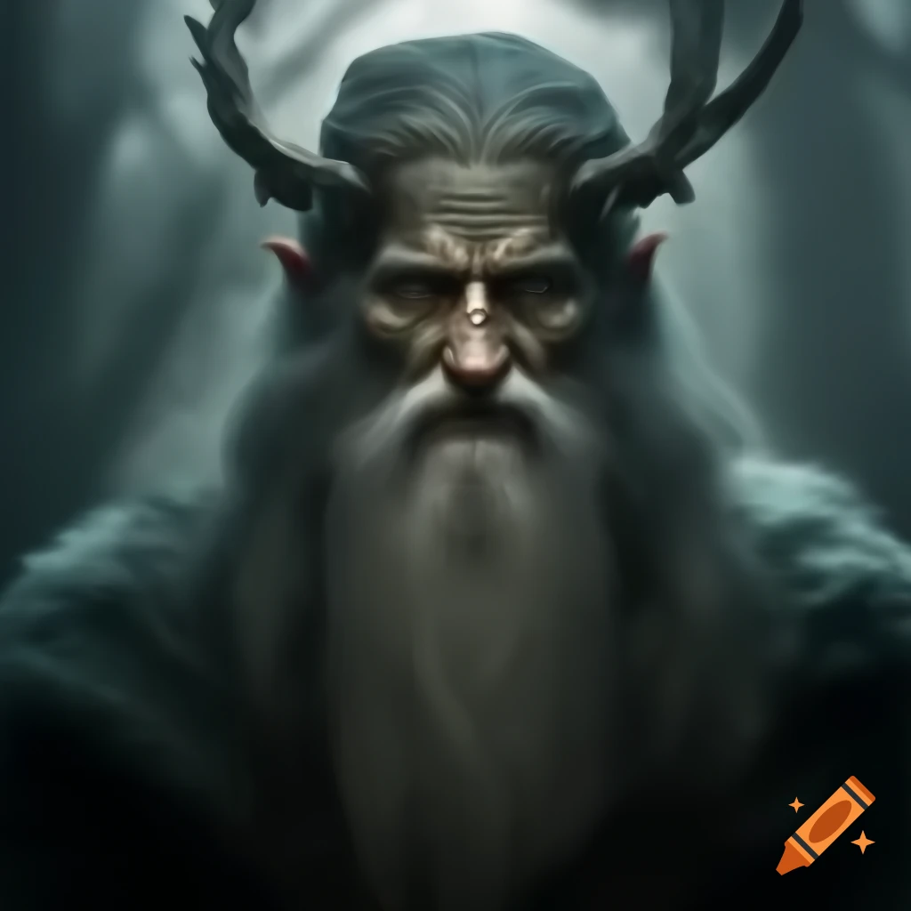 Merlin the druid surrounded by mist, gathering secrets of mystical realms