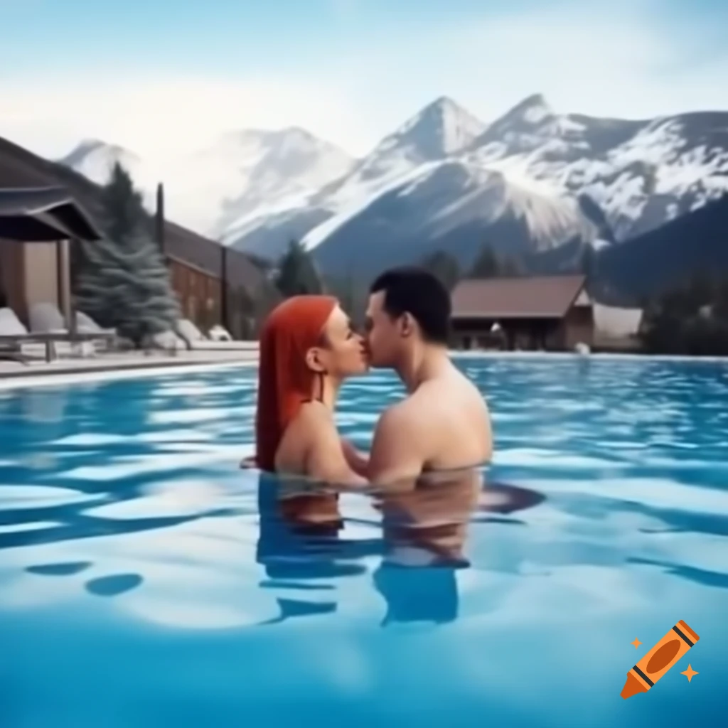 Redhead girl and Latino man enjoying pool with snow-capped mountains