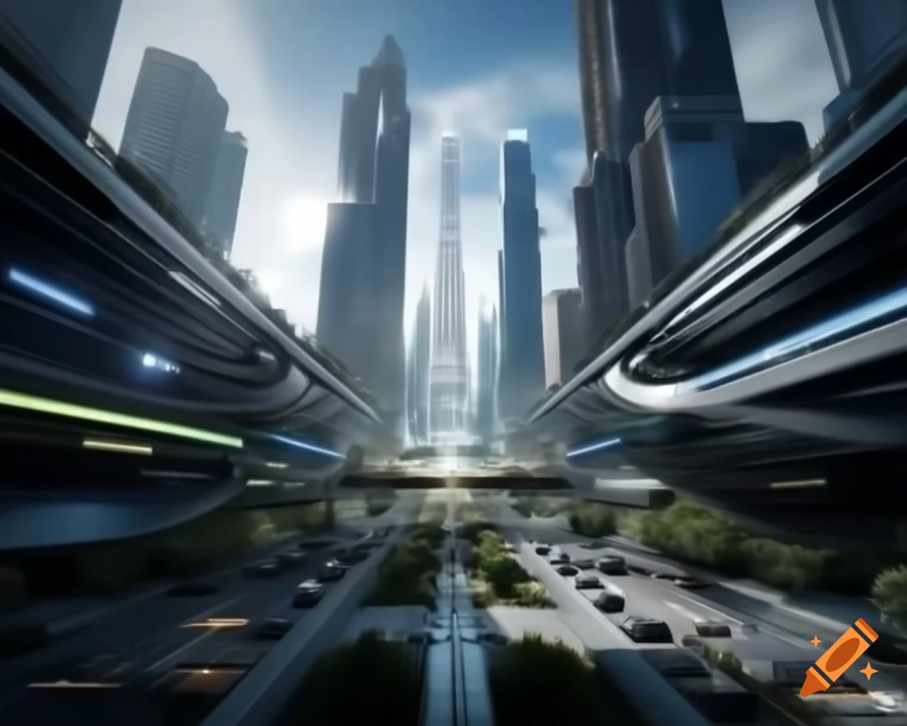 Futuristic cityscape with glass buildings, flying cars, and holographic ads