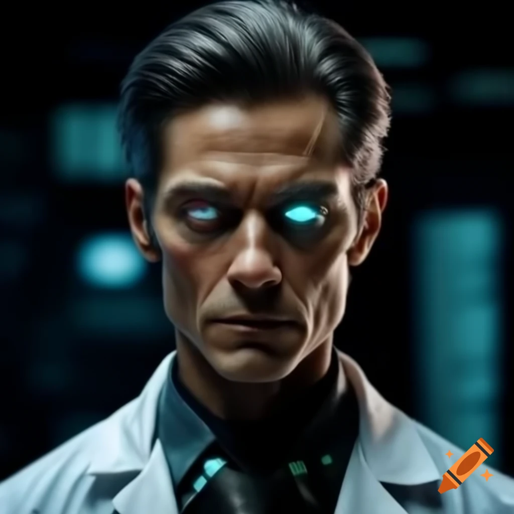 Crazy scientist with cybernetic eyes in lab coat, HD