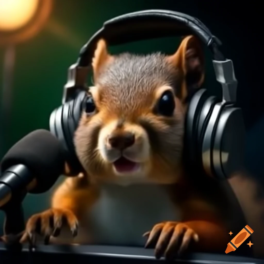 Squirrel wearing headphones as a radio host in front of a microphone