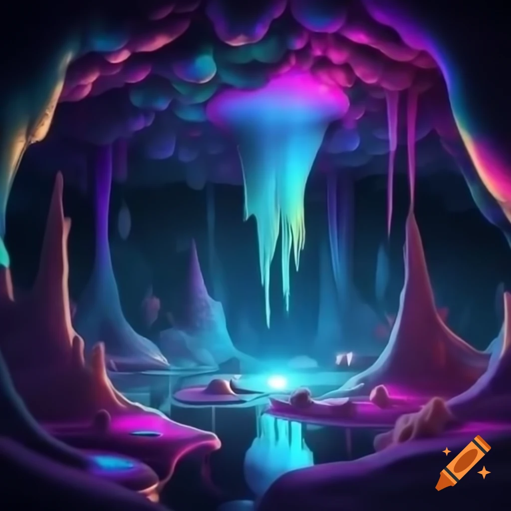 Whimsical glowing stalactites and stalagmites in a neon cave