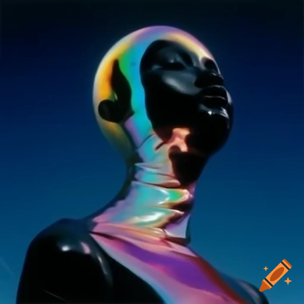Pop surreal photography featuring iridescent glass statue