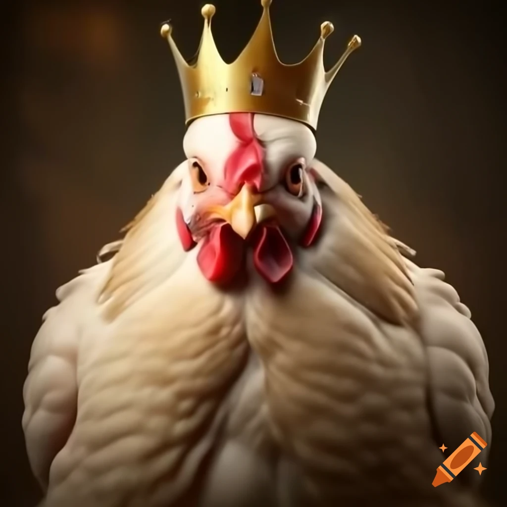 Mean-looking chicken wearing a crown, cartoon style