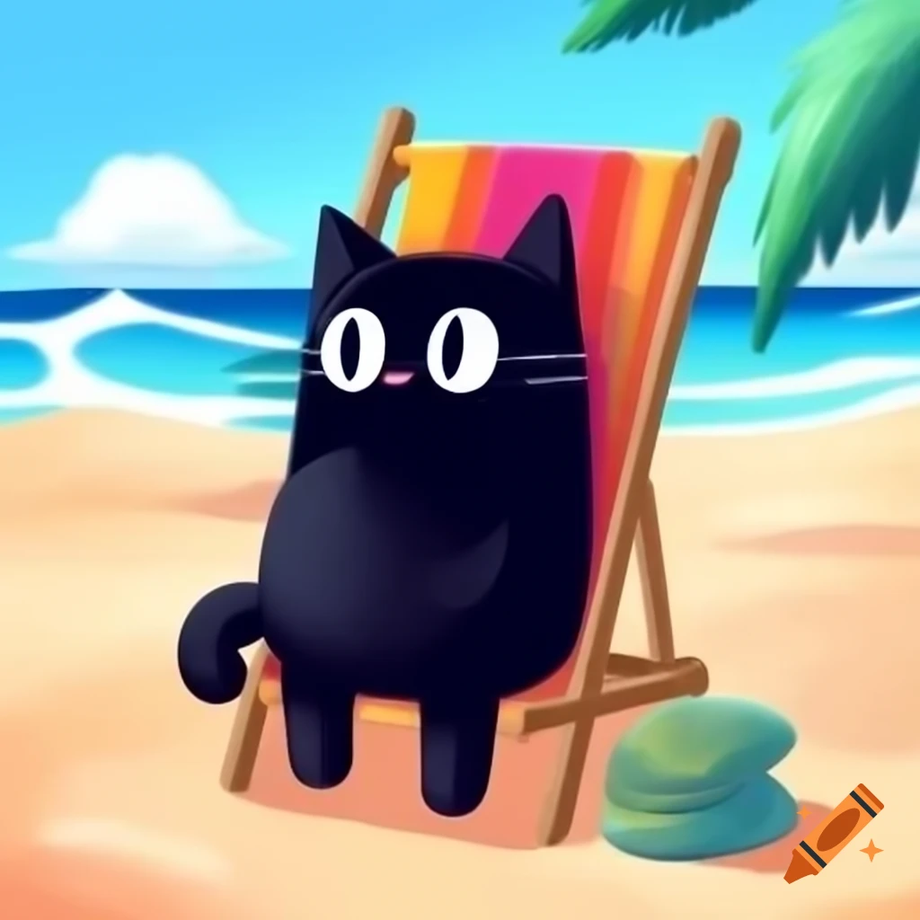 Cartoon art of black cat relaxing in beach chair