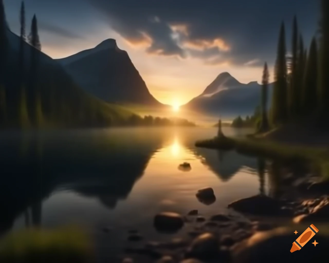Photorealistic landscape of mountain lake with island and sun rays, featuring lemon monster sculpture